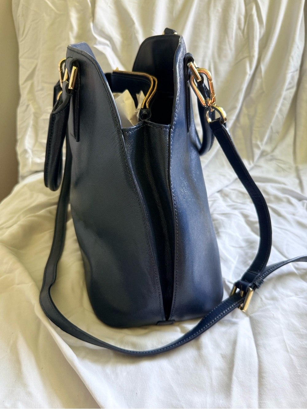 Tory Burch Navy Saffiano Leather Dome Satchel with Gold Hardware - Picture 4 of 12
